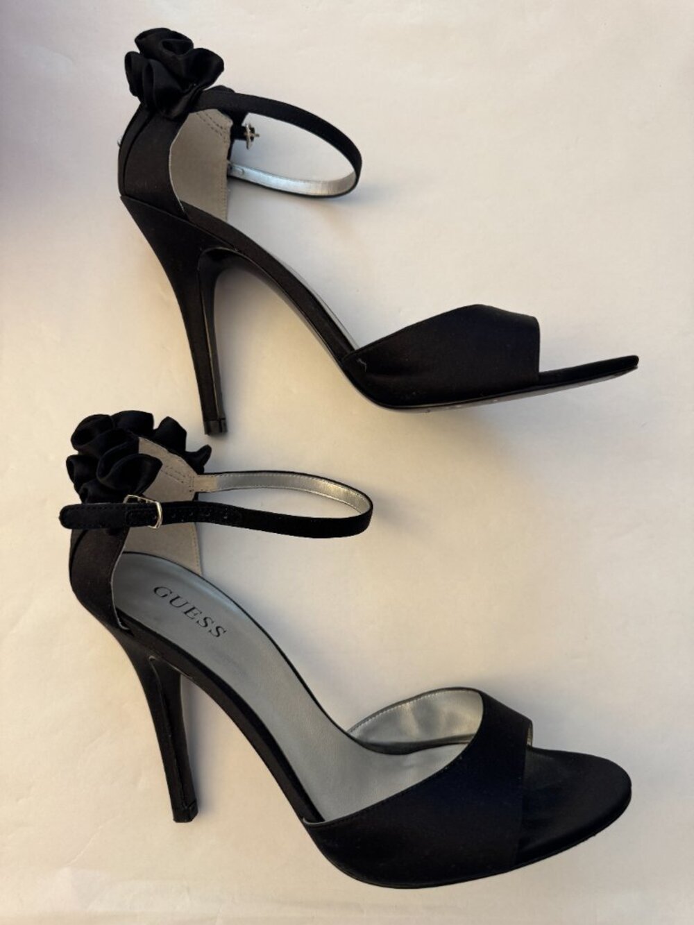 GUESS by Marciano Sasina Black Satin Ruffle Ankle Strap Stiletto Heels Size 8M